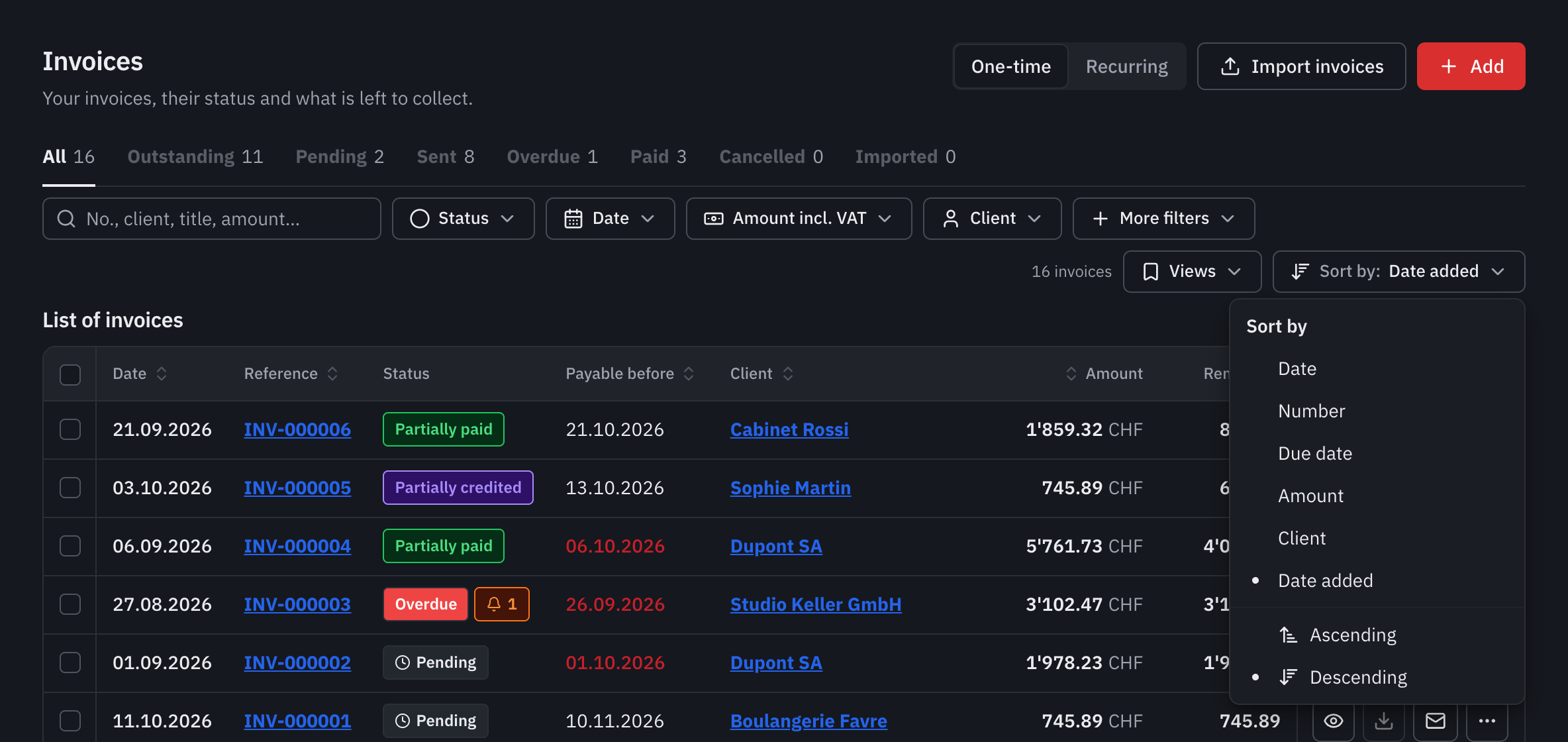 The Sort by menu open: Date, Number, Due date, Amount, Client, Date added, then Ascending and Descending.