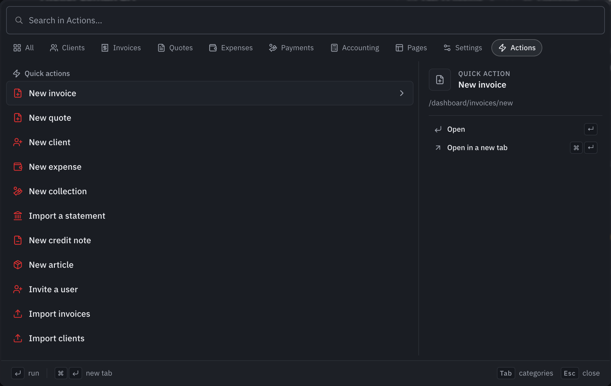 The Actions category: the list of quick actions, from New Invoice to Import clients.