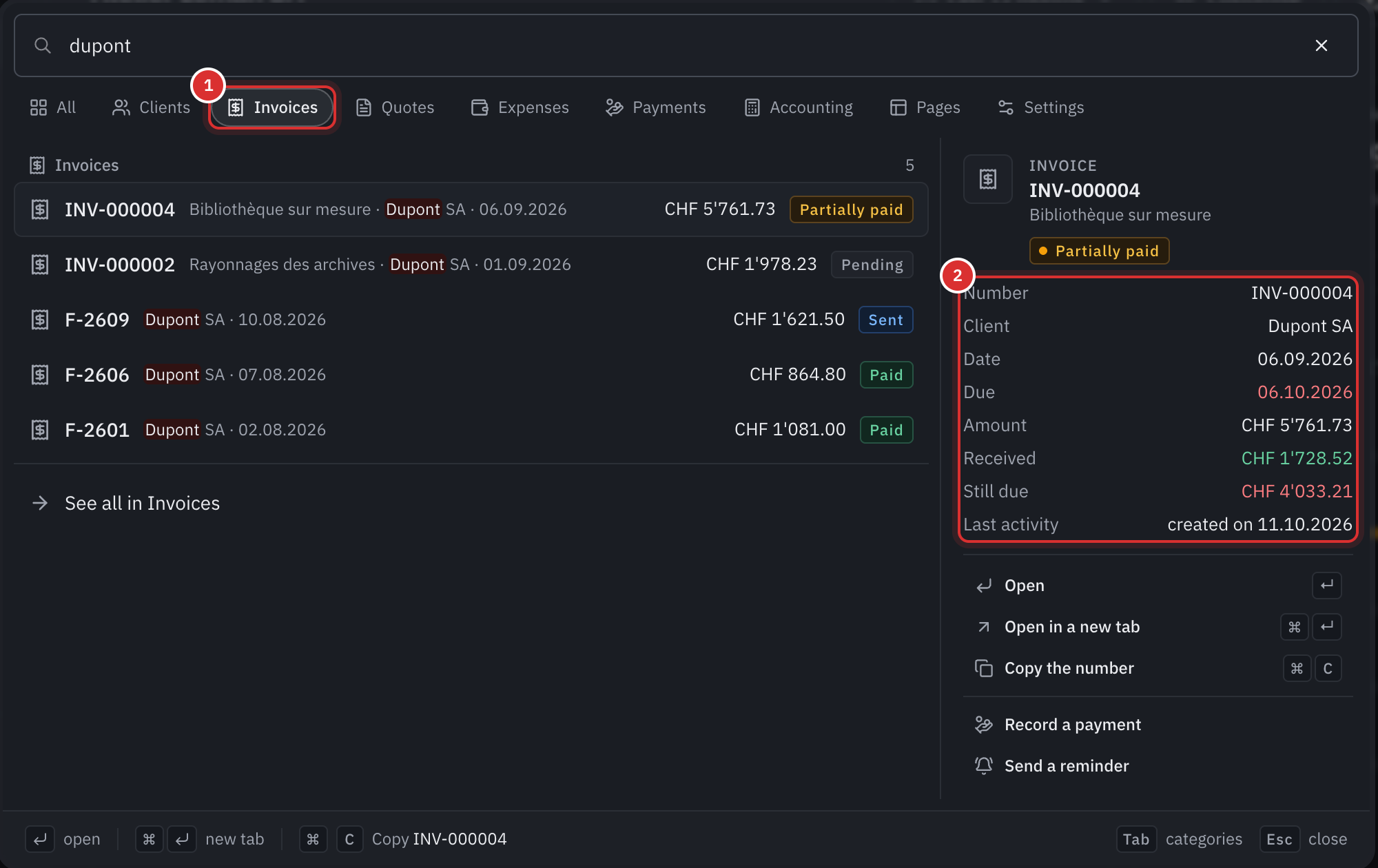 The search invoice: dupont: the Invoices category chosen, three invoices found and the details of the first one.