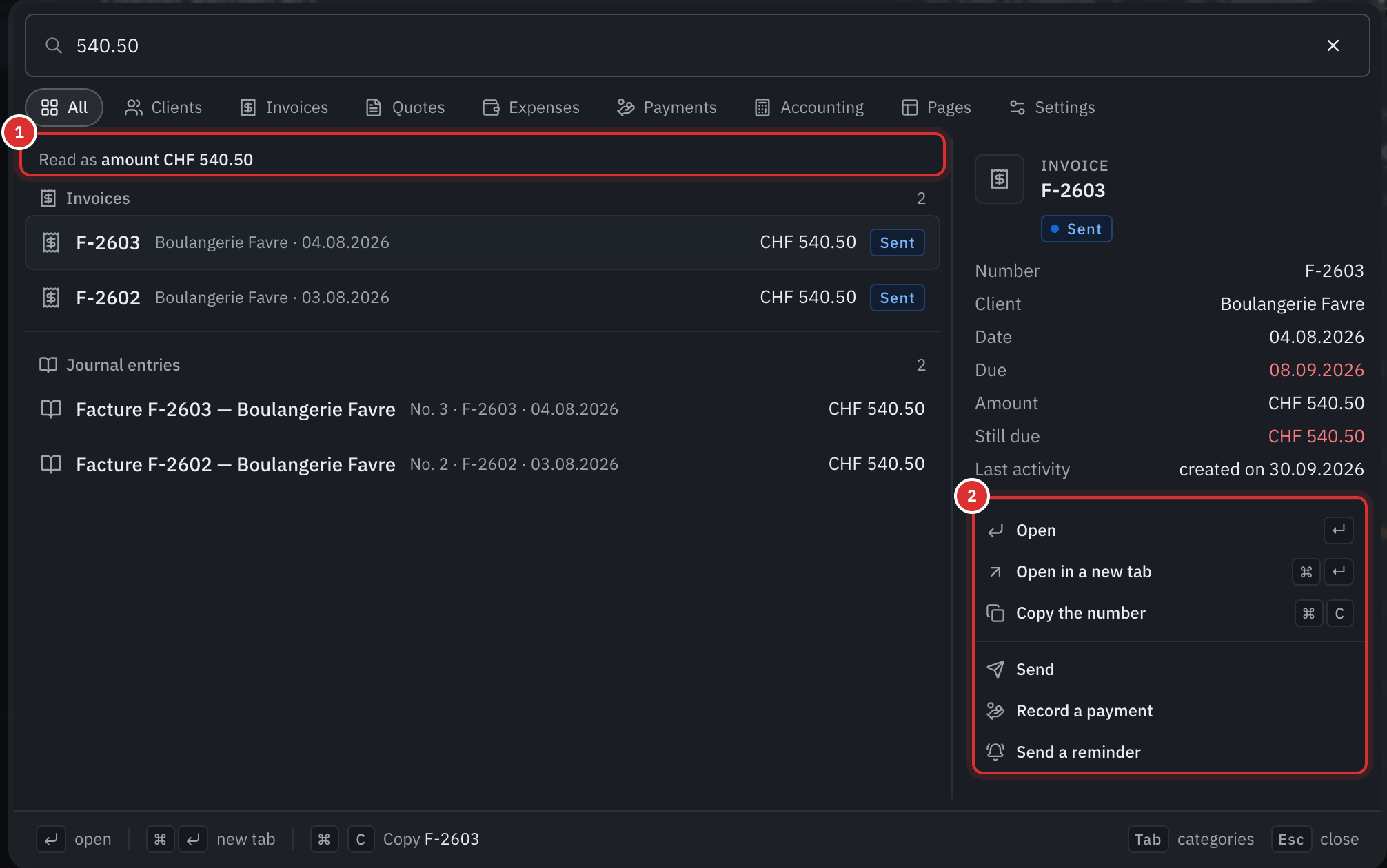 The search for the amount 540.50: the Read as amount line, the invoices and entries found, and the preview with its actions.