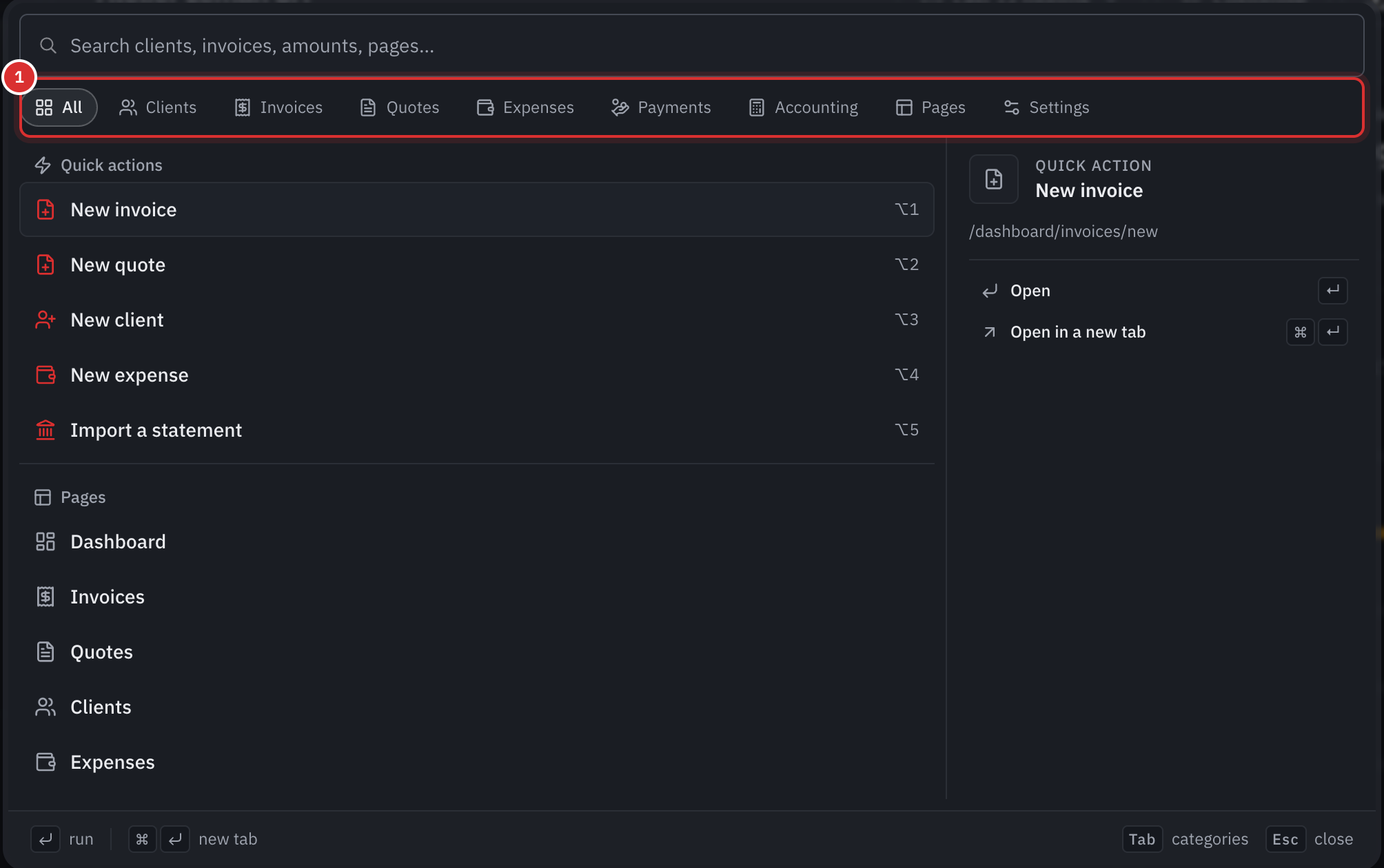 The search open: the categories, the quick actions and the pages, with the preview on the right.