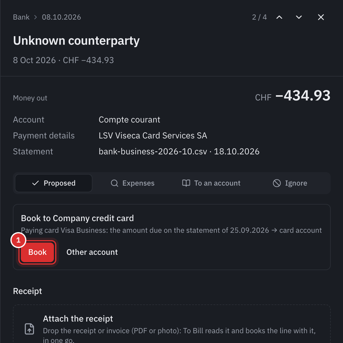 The panel of a bank line of 434.93, LSV Viseca Card Services SA: the suggestion Book to Company credit card, paying the card Visa Business, the amount due on the statement of 25.09.2026, and the Book button.