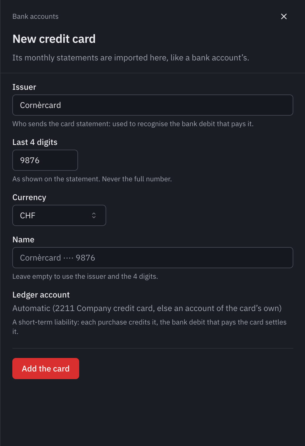 The New credit card form: the issuer Cornèrcard, the last 4 digits 9876, the currency, the automatic ledger account and the Add the card button.