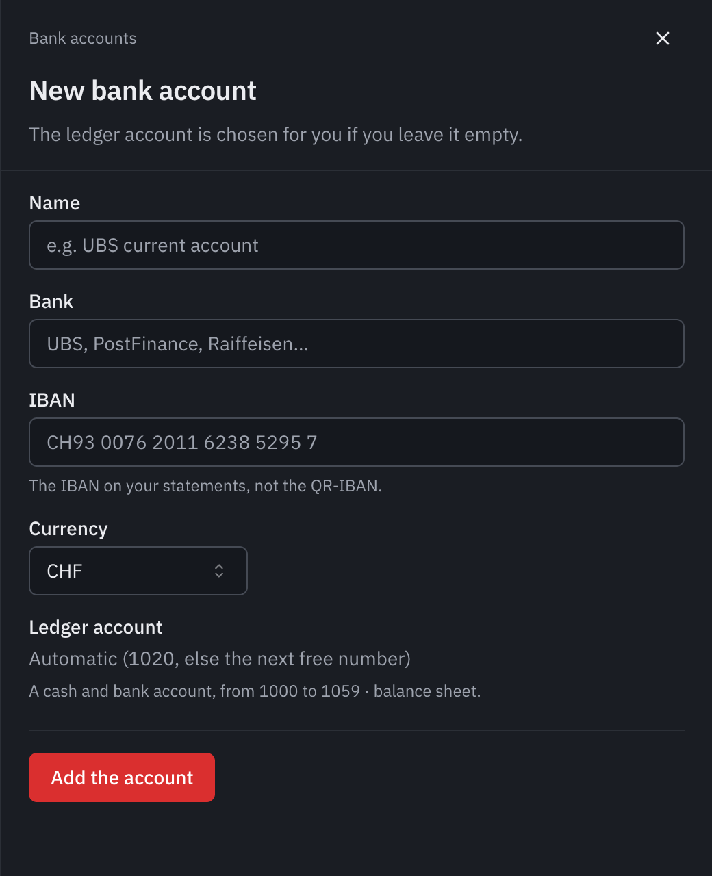 The New bank account form: the name, the bank, the IBAN, the currency, the automatic ledger account and the Add the account button.