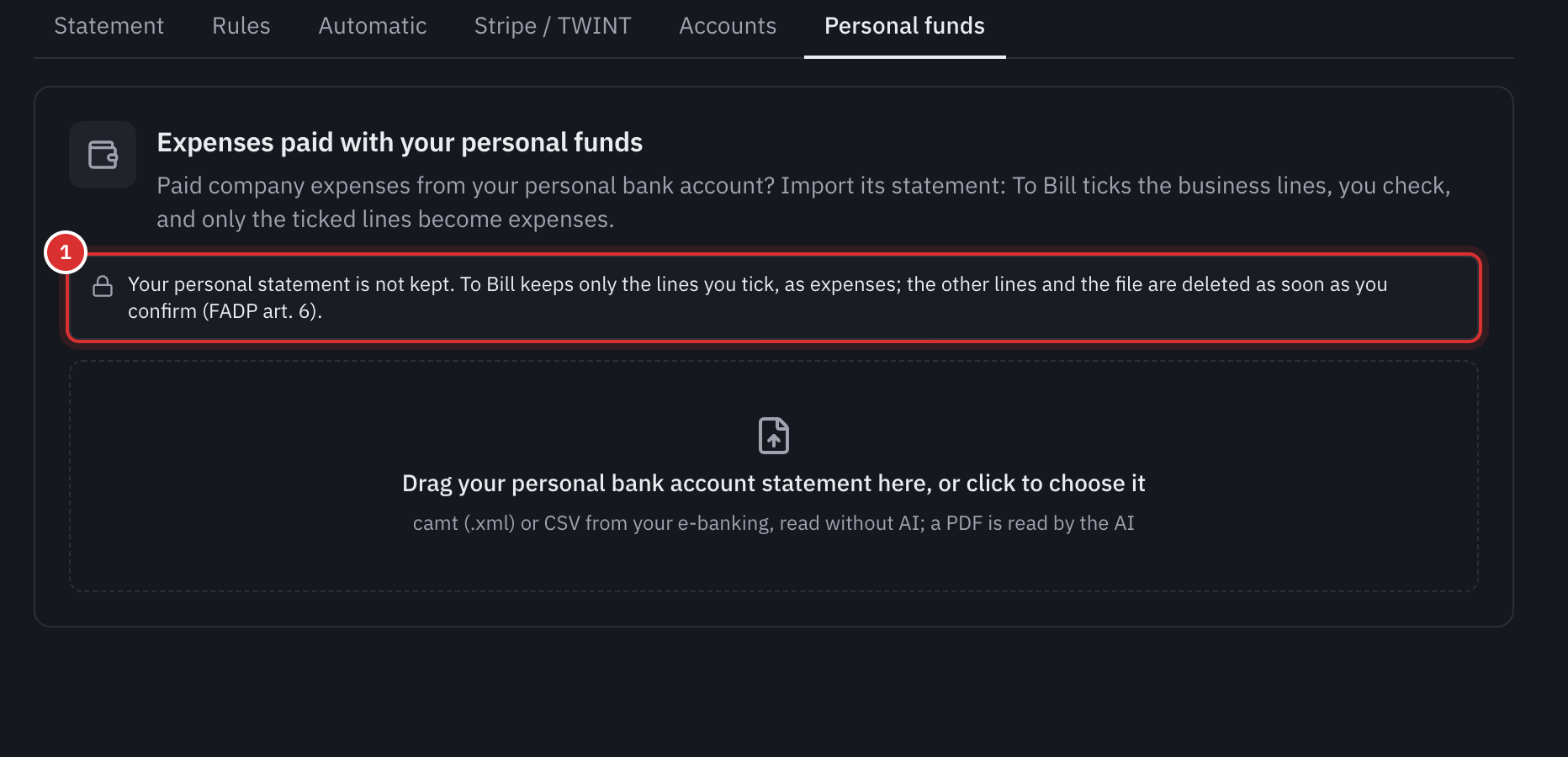 The bank’s Personal funds tab: Expenses paid with your personal funds, the note saying the personal statement is not kept, and the area where to drop the statement, camt, CSV or PDF.