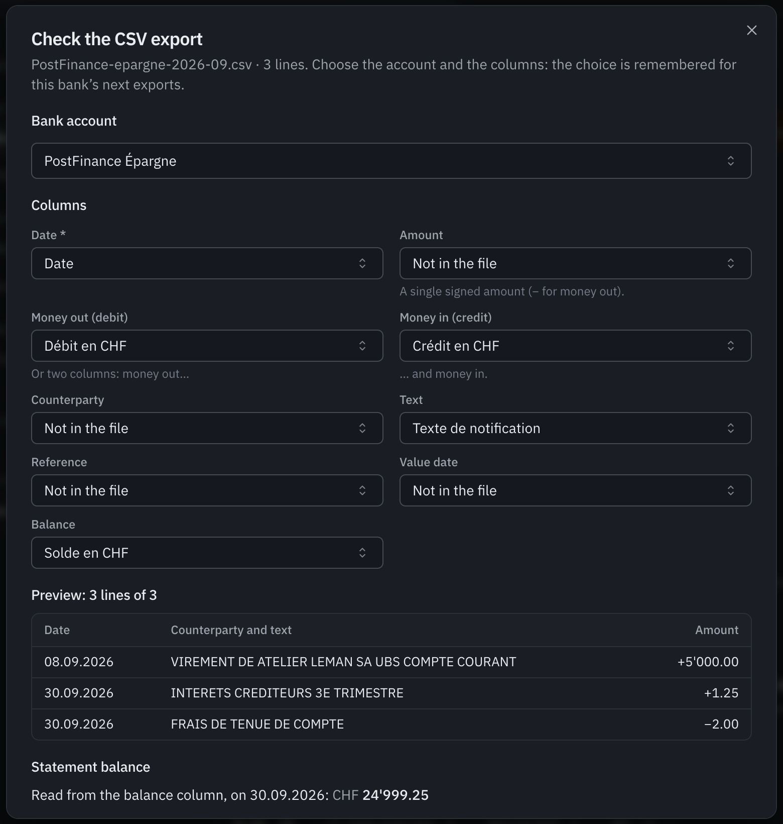 The Check the CSV export window: the PostFinance Épargne bank account, the Date, Money out, Money in, Text and Balance columns, a preview of three lines and the balance read from the file.