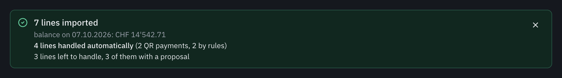 The import summary: 7 lines imported, the balance on 07.10.2026, and 4 lines handled automatically, including 2 QR payments and 2 lines booked by rules.
