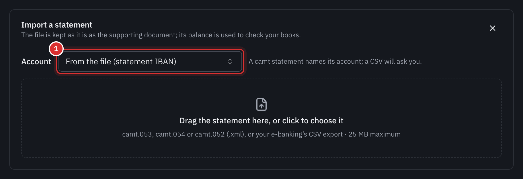 The Import a statement box: the choice of account, From the file (statement IBAN), and the area to drop the file, camt.053, camt.054 or camt.052, or CSV export, 25 MB maximum.