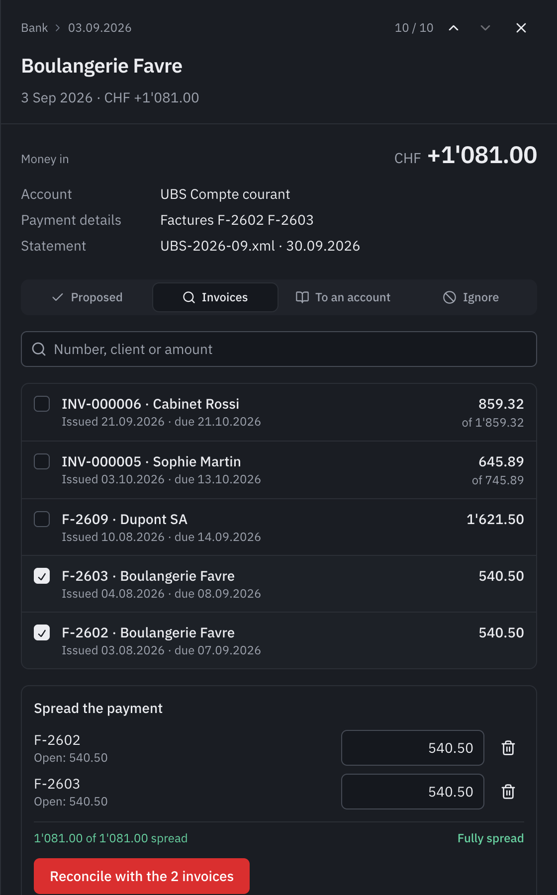 The Invoices choice: F-2603 and F-2602 from Boulangerie Favre ticked, the payment spread, 540.50 each, and the Reconcile with the 2 invoices button.