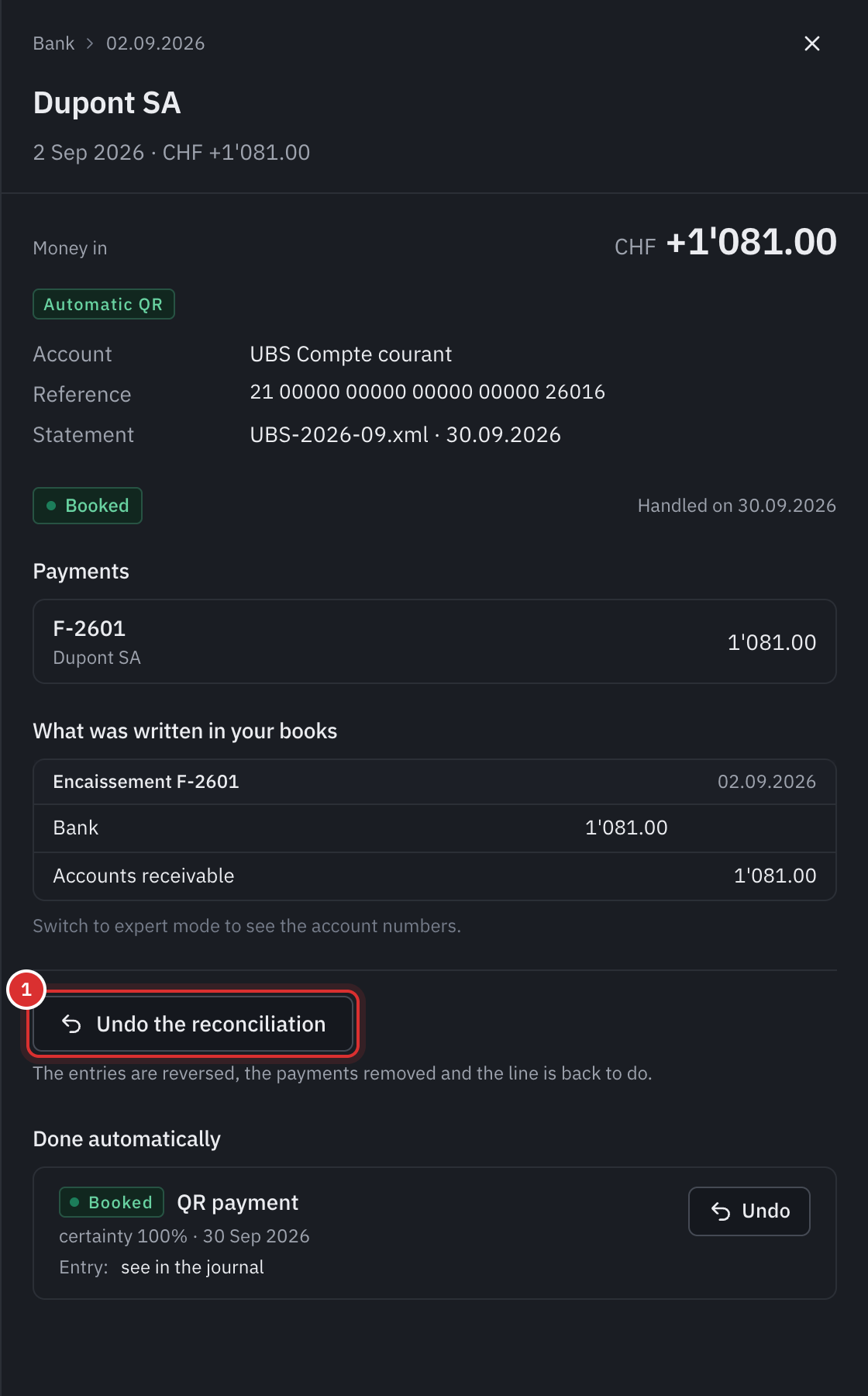 A line reconciled automatically by its QR reference: the payment of invoice F-2601, the entry Bank against Accounts receivable, and the Undo the reconciliation button.