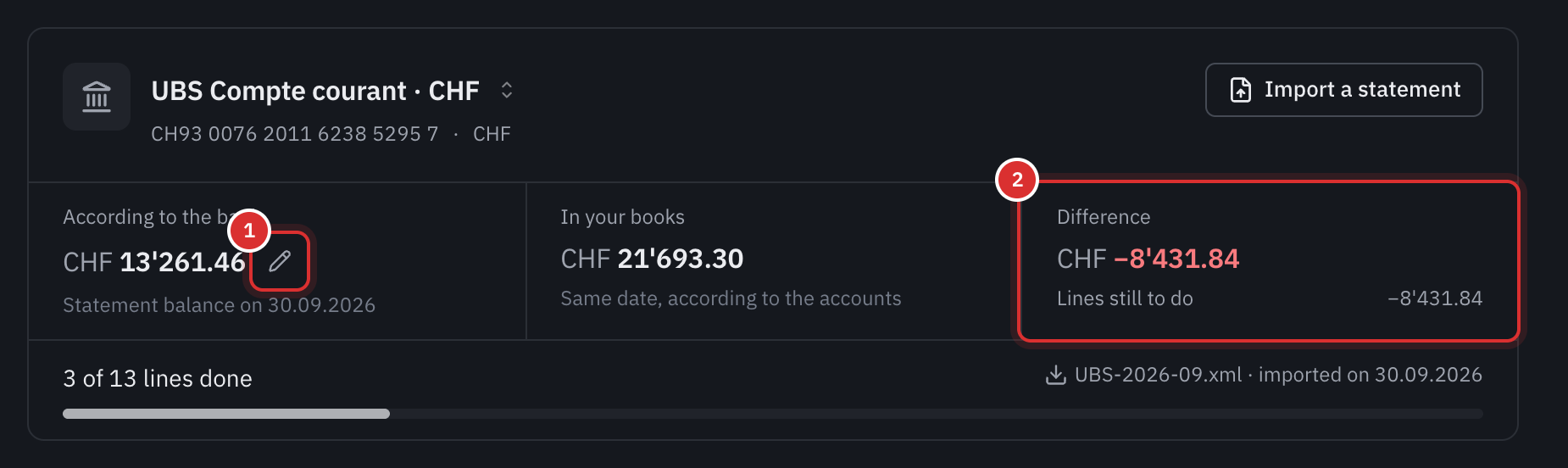 The top of the Statement tab: the balance according to the bank, with the pencil to enter it, the balance in your books, the difference and its explanation, and the progress of the reconciliation.