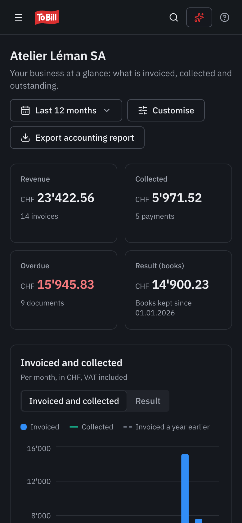 The To Bill Dashboard on a phone.