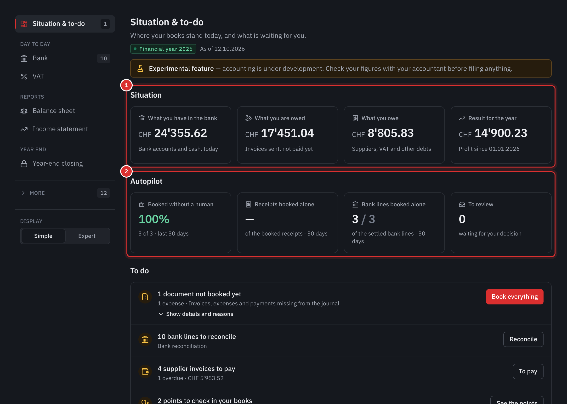 The Situation & to-do page: four figures of the situation, the autopilot and the start of the To do list.