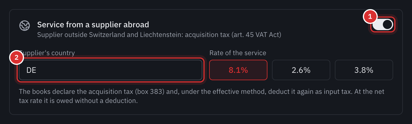 The Service from a supplier abroad panel of an expense: the switch turned on, the supplier’s country DE and the rate of the service.