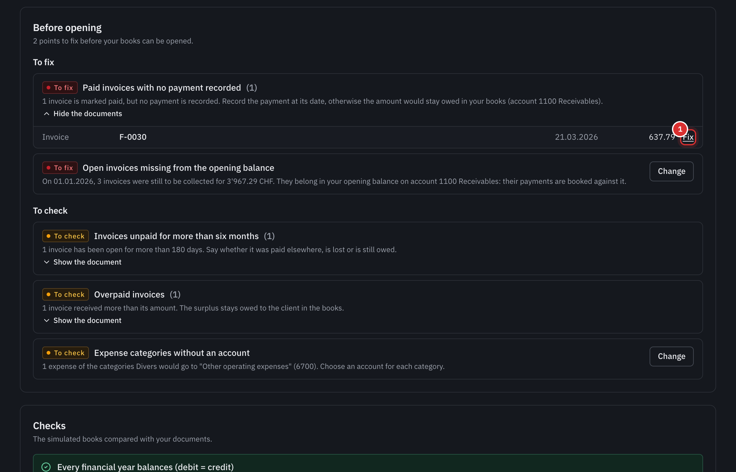 The preview: two points to fix, one of them an invoice marked paid without a payment, with the Fix link.