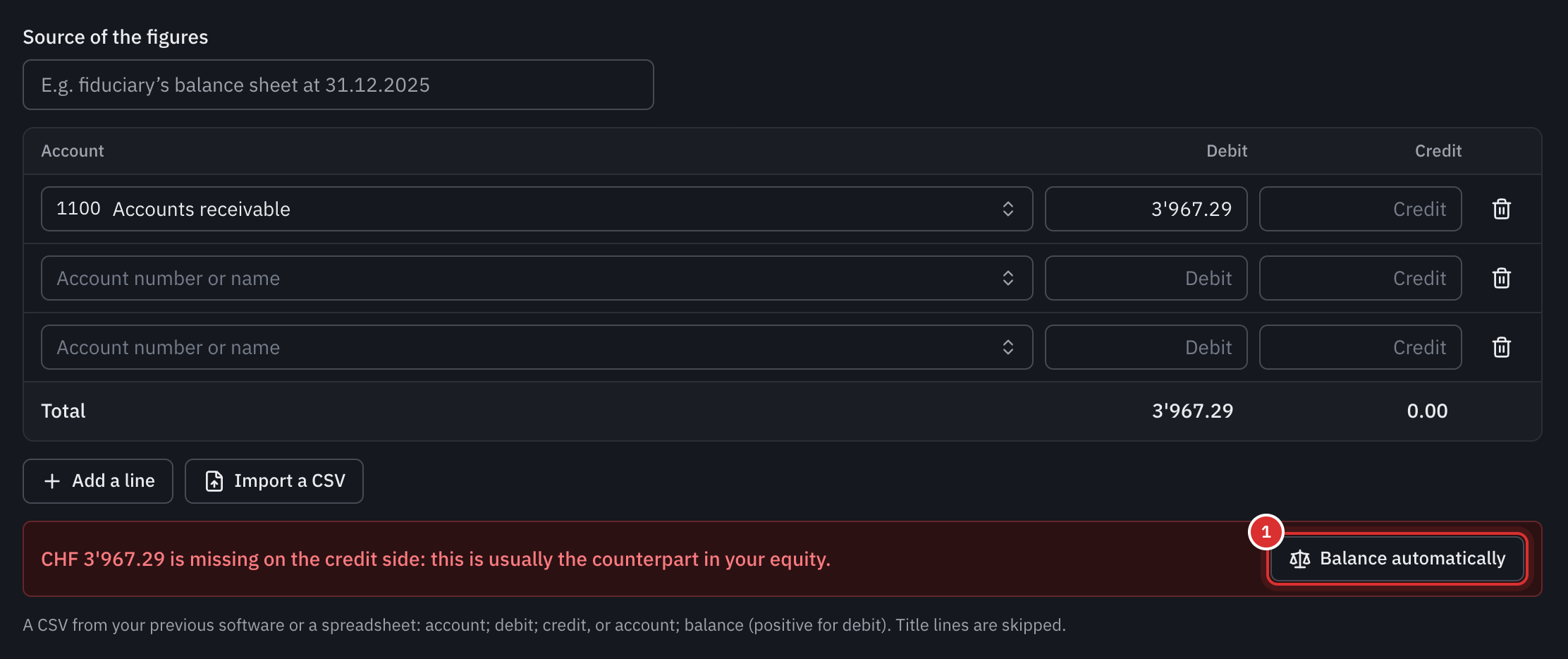 The opening balance with only the line of the open invoices: the message with the amount missing on the credit side and the Balance automatically button.