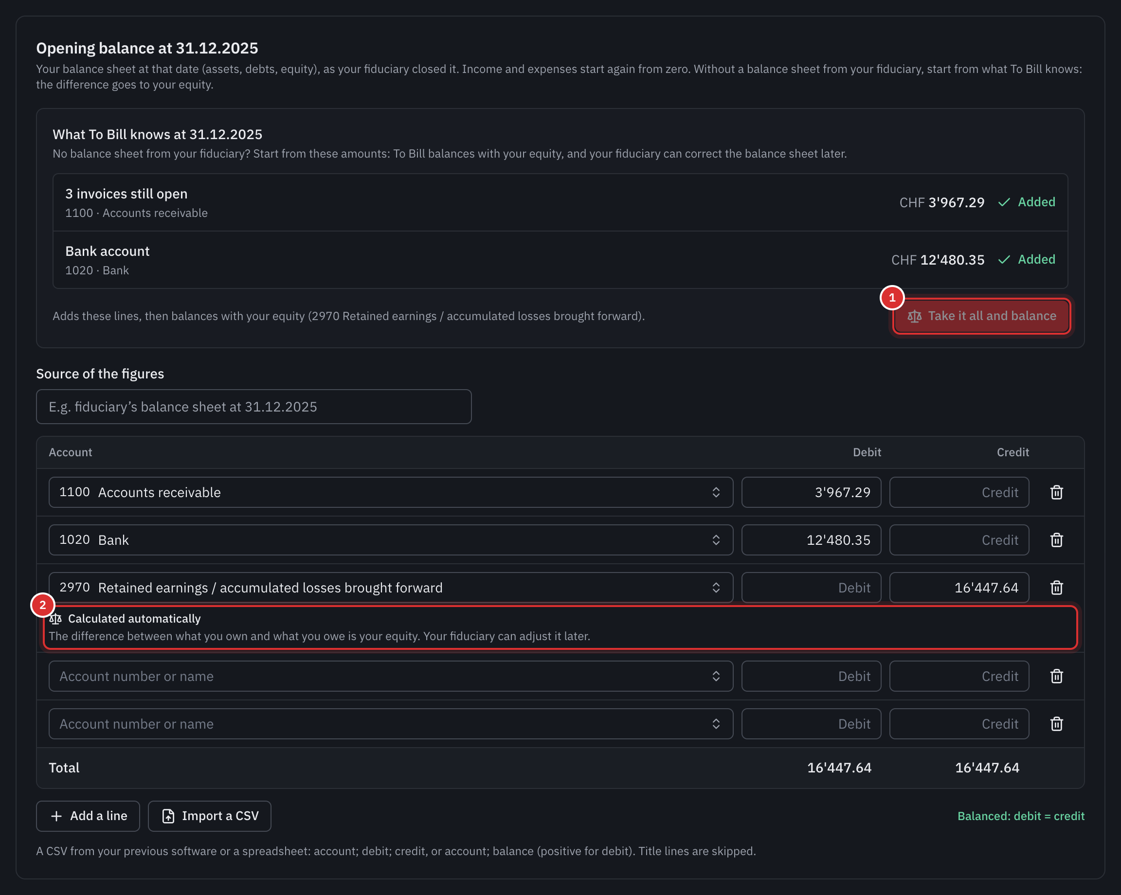 The opening balance taken from what To Bill knows: the open invoices on account 1100, the bank account on account 1020 and the automatically calculated line 2970 that balances it.