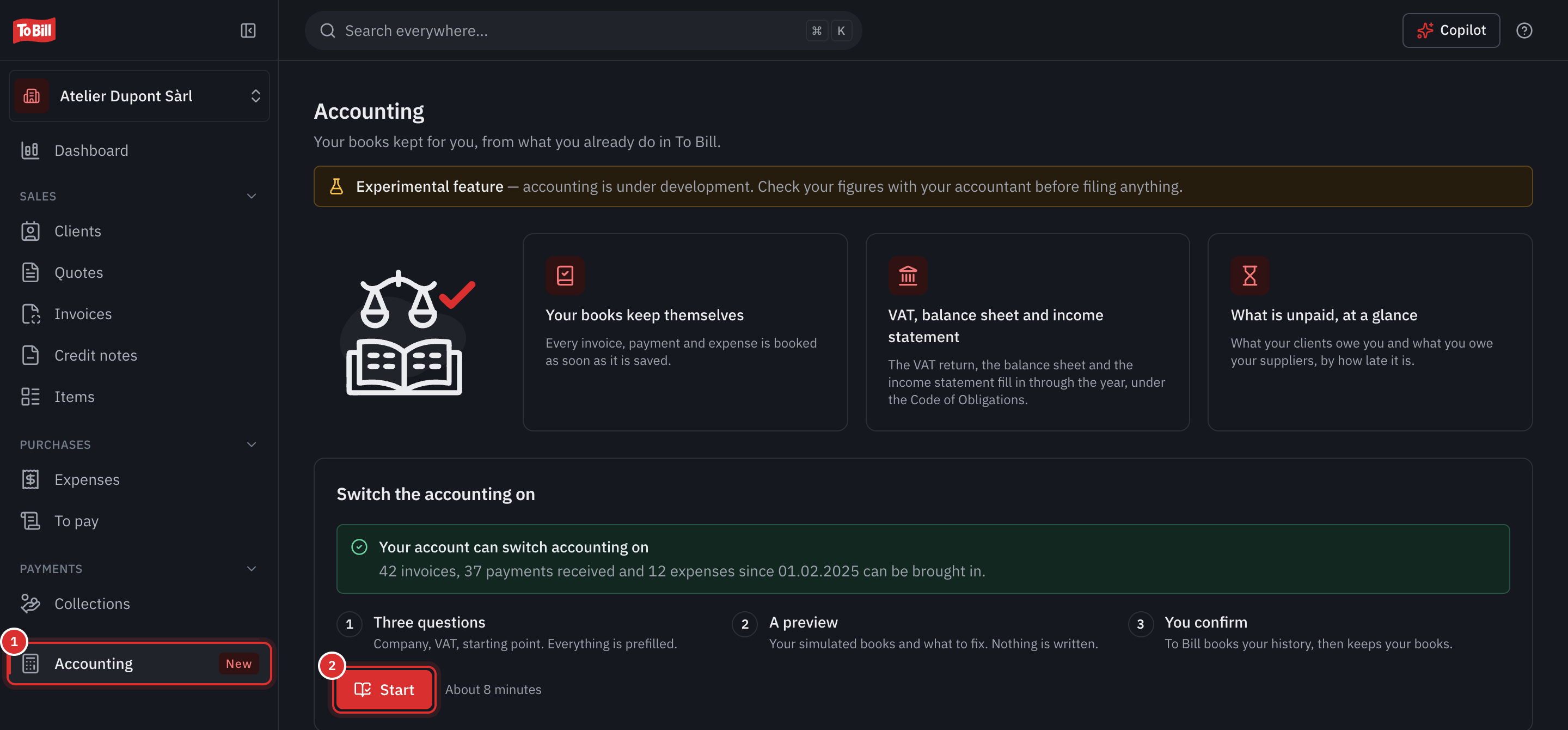 The Accounting page before it is turned on: the Accounting menu item marked New and the Start button.