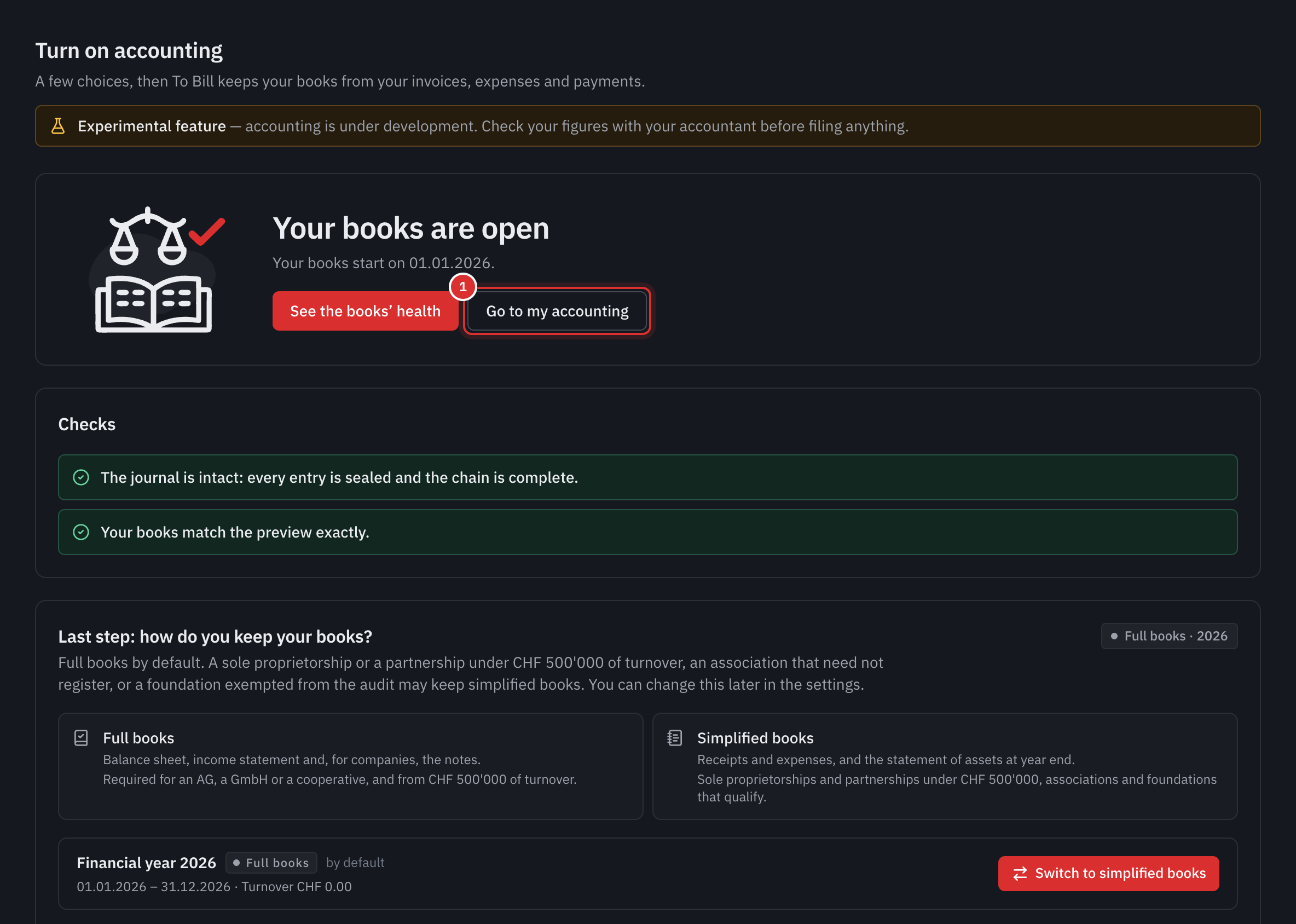 The Your books are open screen, with the checks and the choice of how the books are kept.