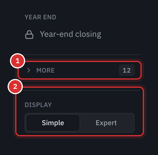 The bottom of the accounting menu: the More group folded, with the number of documents waiting in it, and the choice of the Simple or Expert display.
