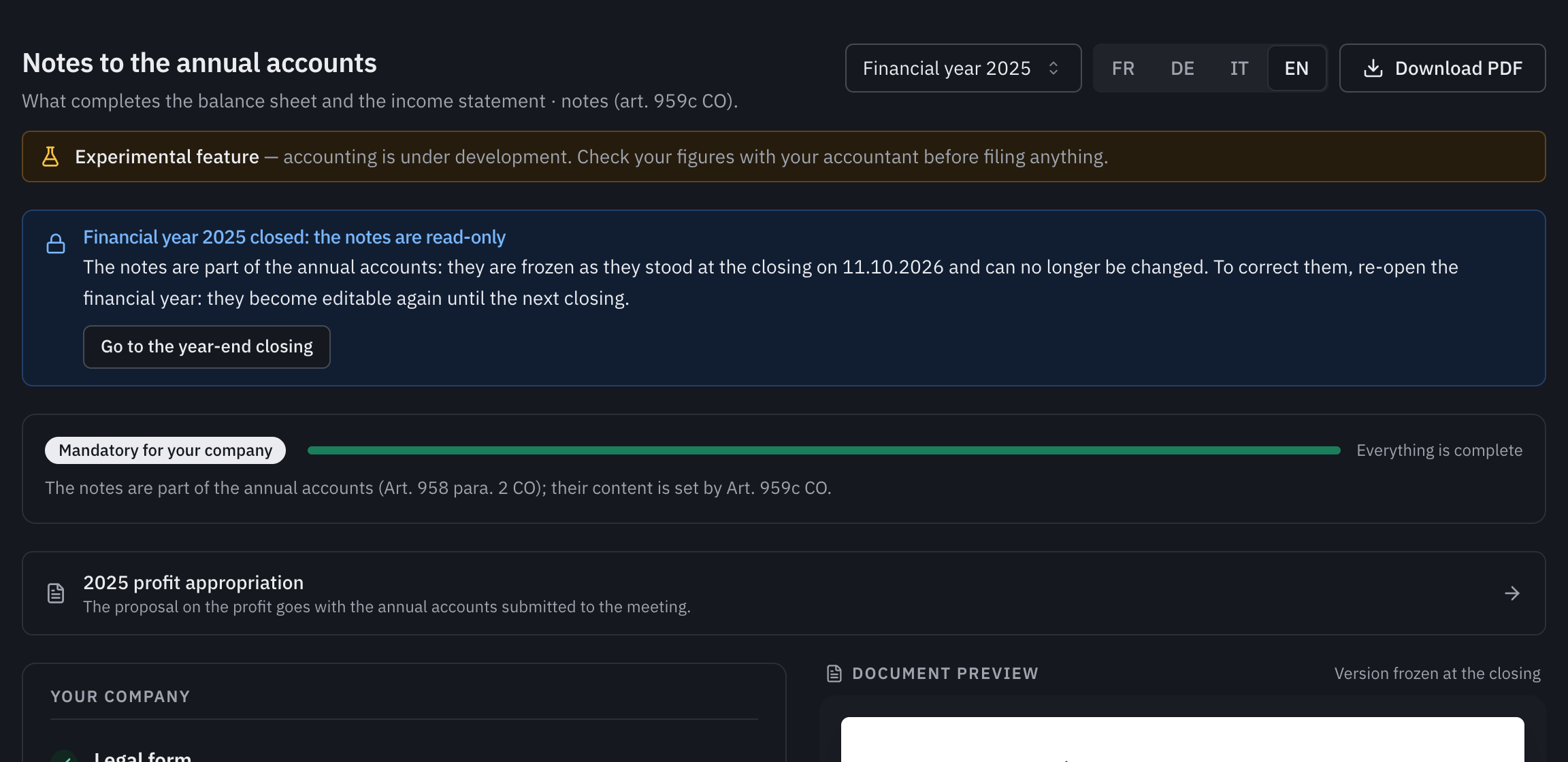 The 2025 notes after the closing: the message Financial year 2025 closed: the notes are read-only, with the Go to the year-end closing link.