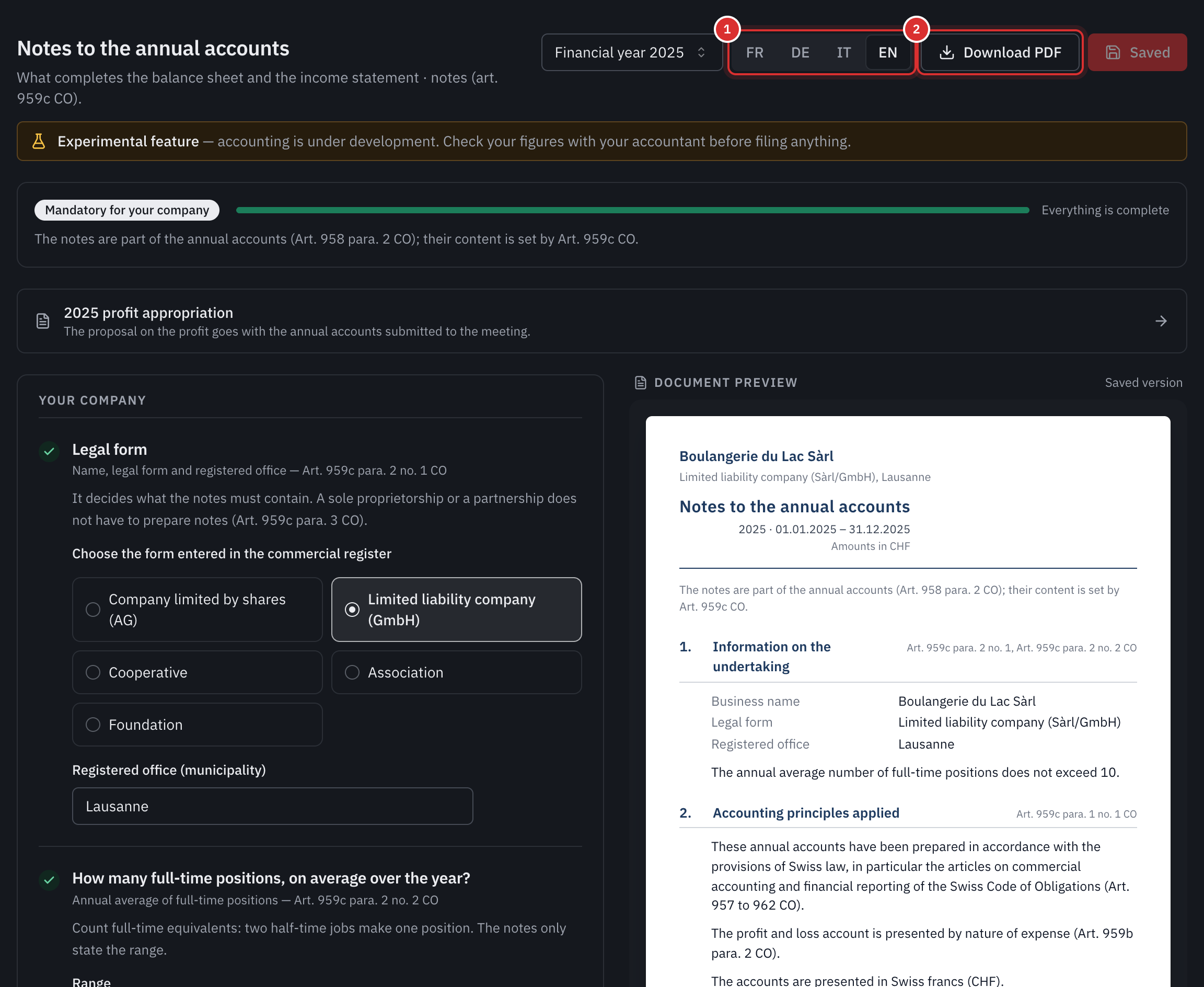 The 2025 notes: the document language, the Download PDF button, the Everything is complete bar, the questions about the company on the left and the document preview on the right.