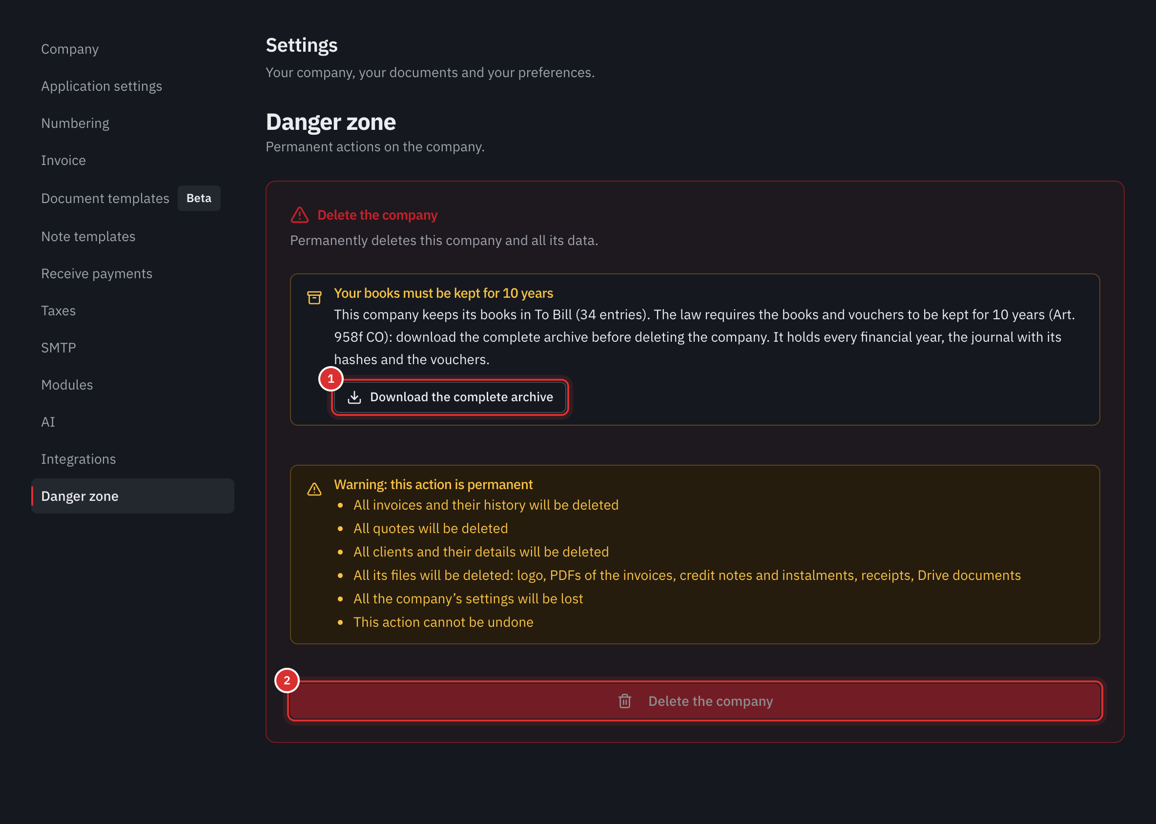 The danger zone: the Your books must be kept for 10 years box with the Download the complete archive button, and the Delete the company button disabled.