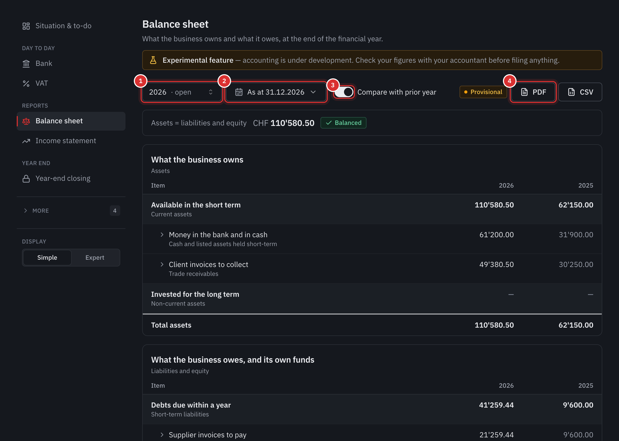 The balance sheet: the financial year, the date, the comparison with last year turned on, the PDF and CSV buttons, then the assets for 2026 and 2025.