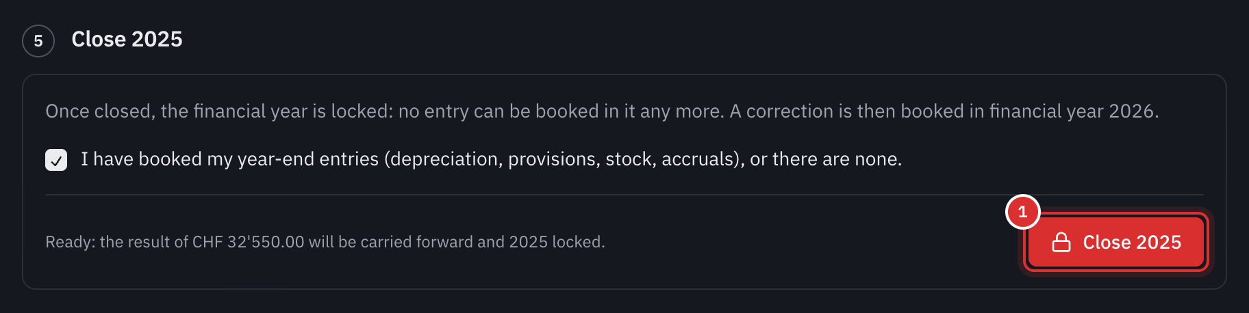 The Close 2025 step: the year-end entries box ticked and the Close 2025 button.
