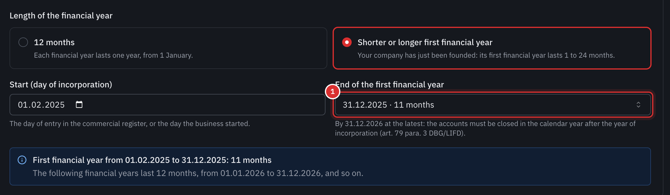 Your first financial year: Shorter or longer first financial year chosen, from 01.02.2025 to 31.12.2025, that is 11 months.