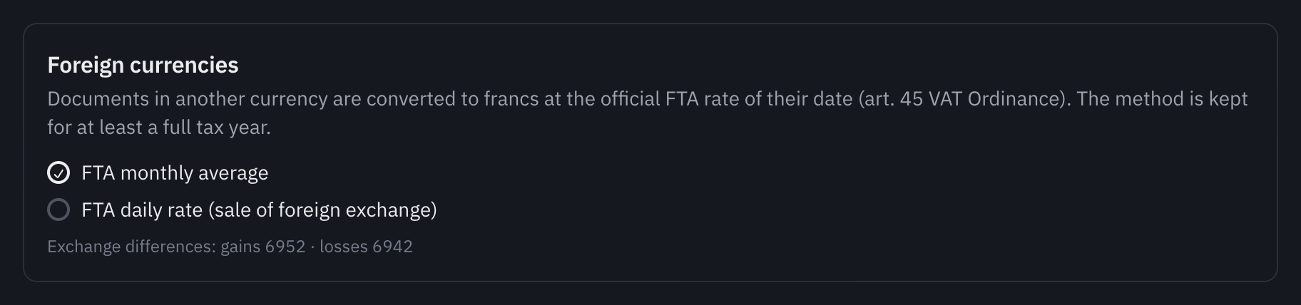 The Foreign currencies card in the settings: the FTA monthly average rate chosen, the daily rate as an option, and the exchange difference accounts.