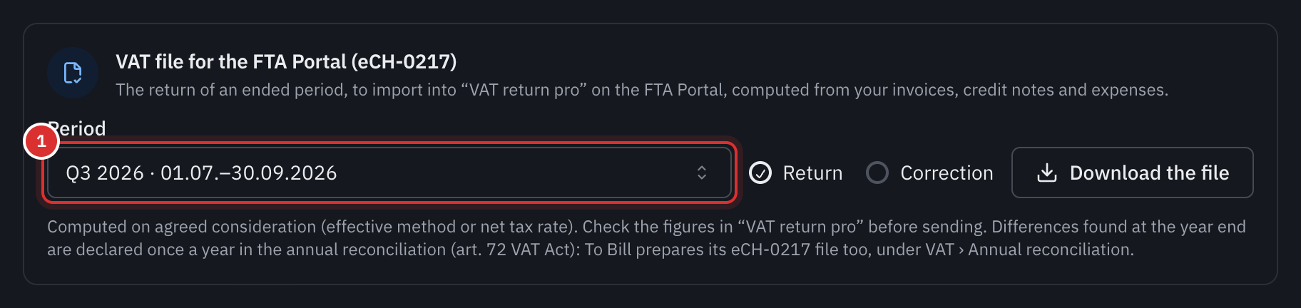 The VAT file for the FTA Portal (eCH-0217) card in the exports: the period, the Return or Correction type and the Download the file button.