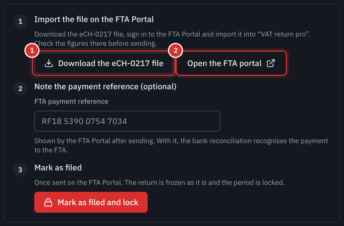 The Import the file on the FTA Portal step, with the Download the eCH-0217 file and Open the FTA Portal buttons.