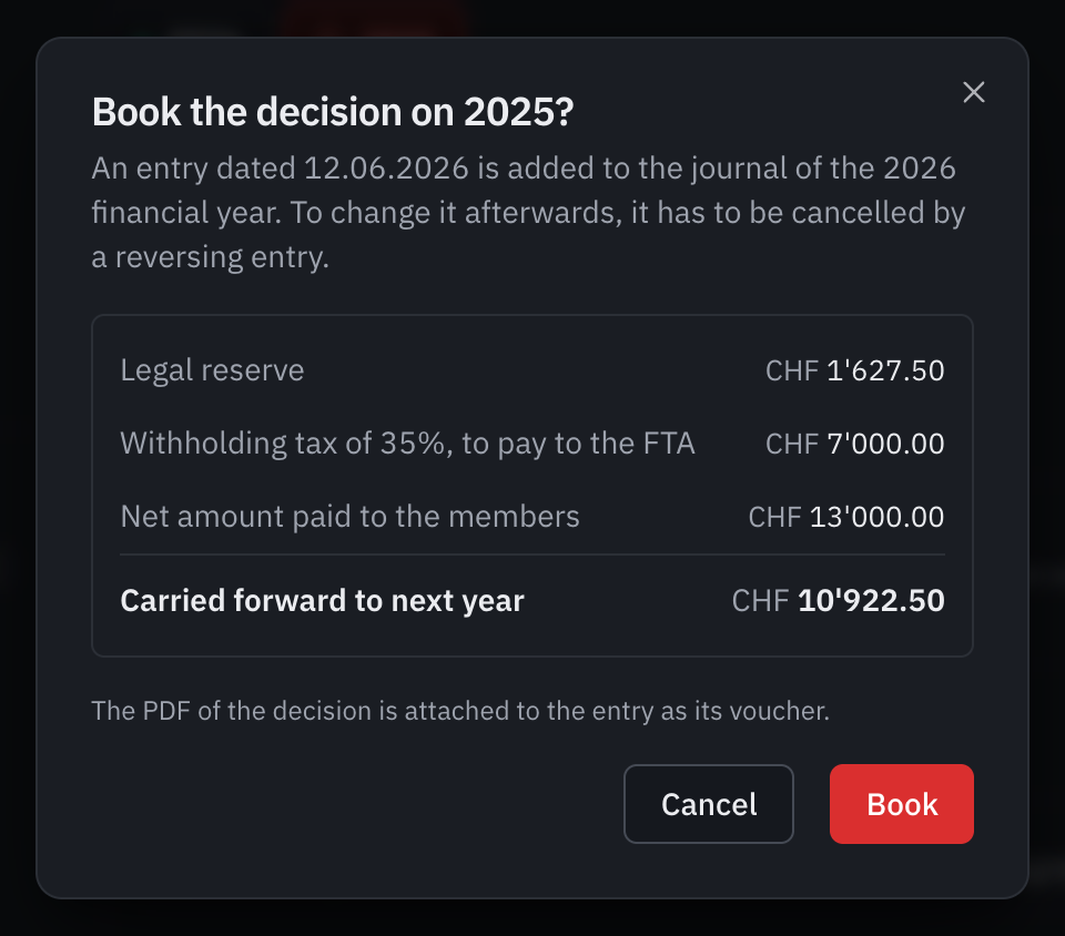The Book the decision on 2025? window: the entry dated 12.06.2026, the legal reserve, the withholding tax, the net amount and the amount carried forward.