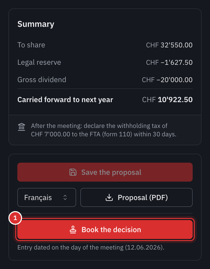 The Summary card: to share, legal reserve, gross dividend, carried forward, the withholding tax to declare on form 110, and the Proposal (PDF) and Book the decision buttons.