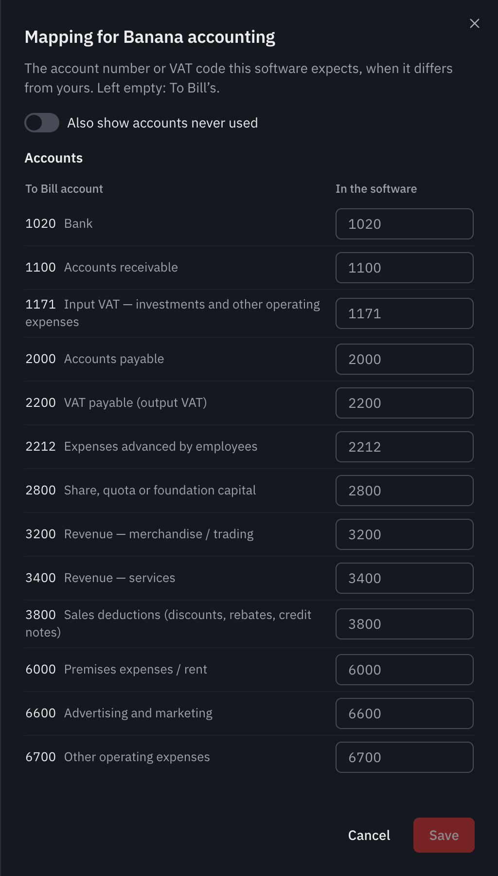 The Mapping window for Banana Accounting: the accounts used and the VAT codes, with the value the software expects.