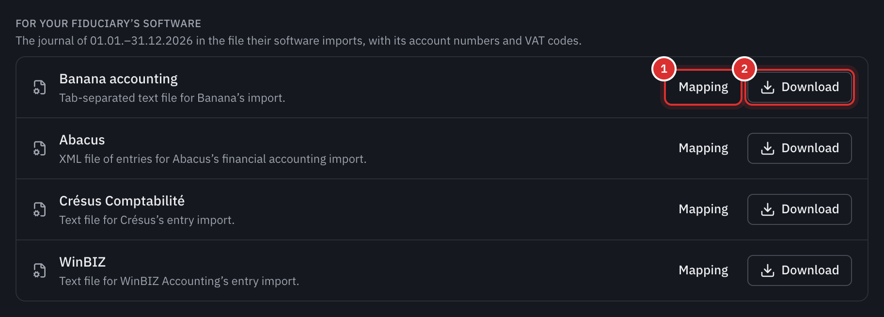 The four fiduciary software packages, each with its Mapping and Download buttons.