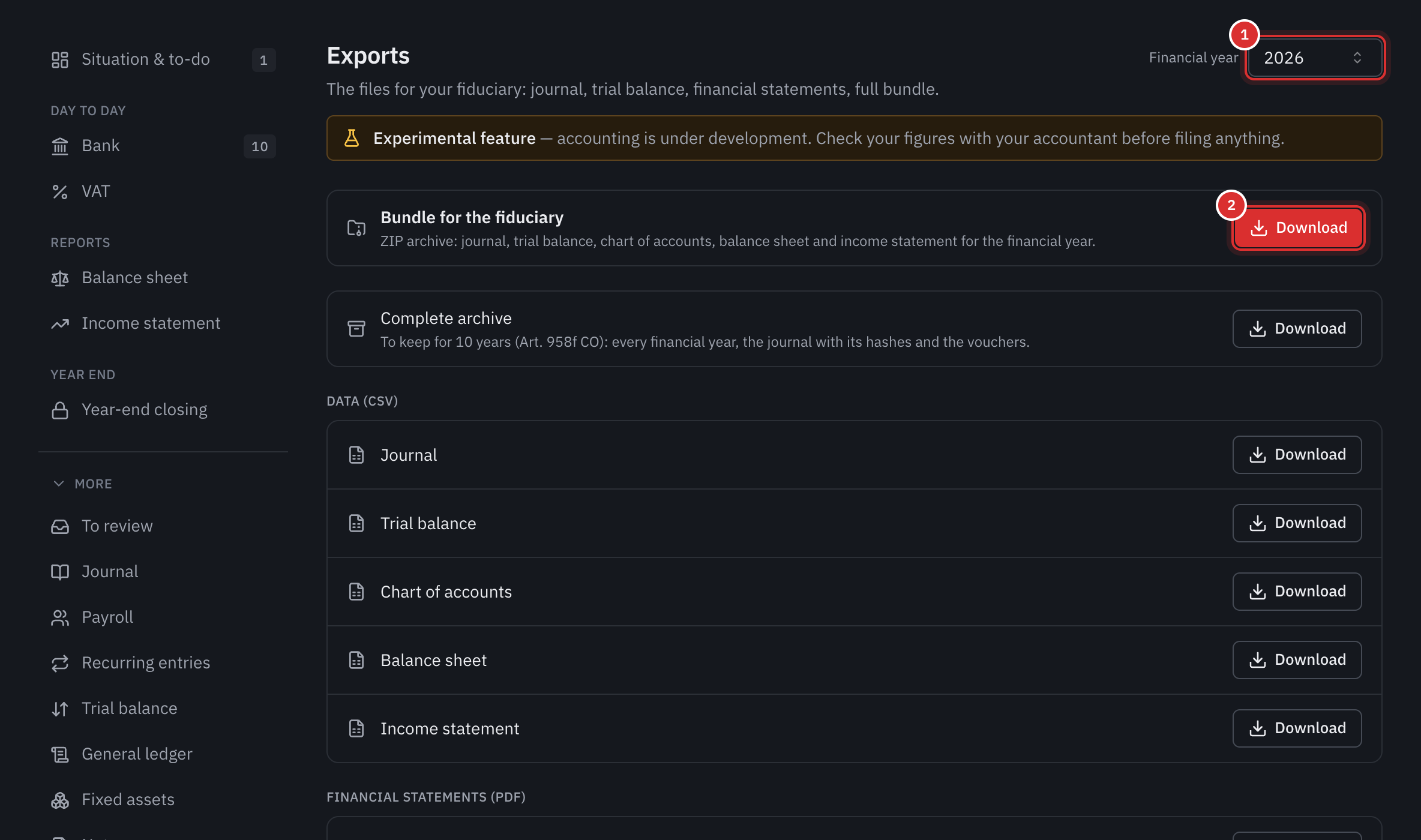 The Exports page: the choice of financial year, the bundle for the fiduciary, the complete archive and the data as CSV.