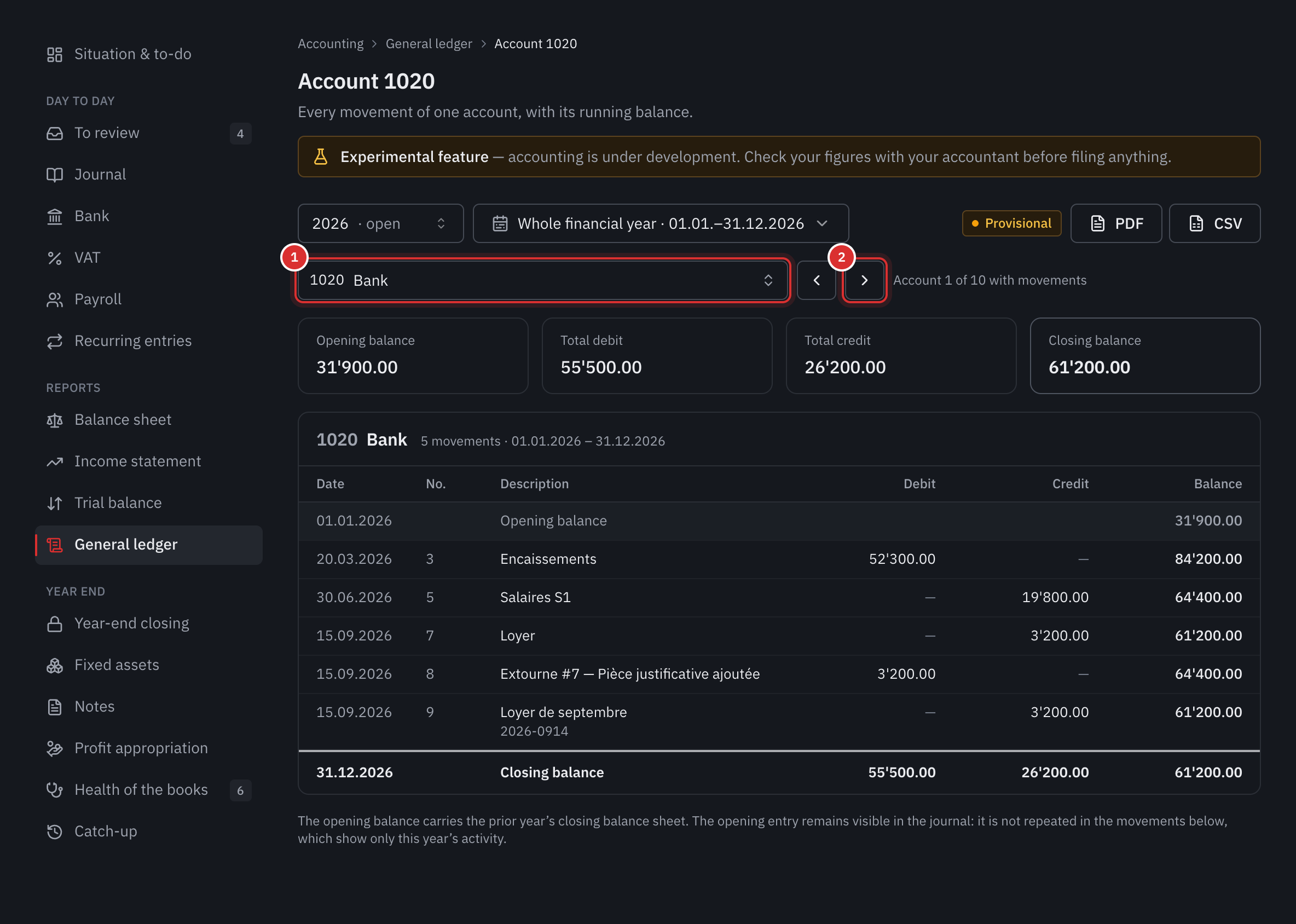 The general ledger of account 1020 Bank: the opening balance, the totals, the closing balance and each transaction with the running balance.