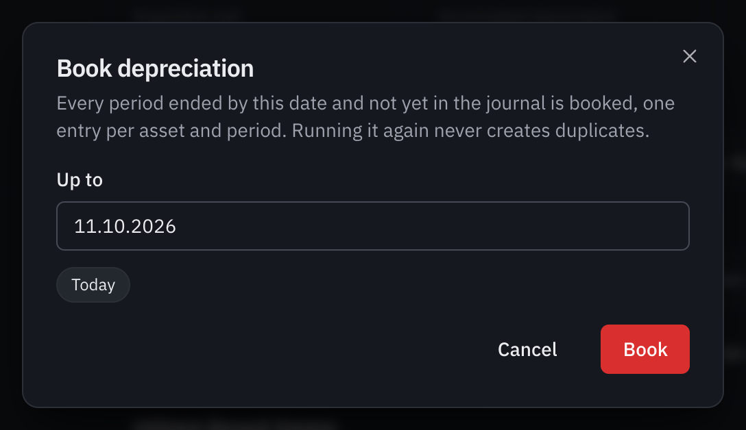 The Book depreciation window, with the Up to date and the Today and Closing shortcuts.