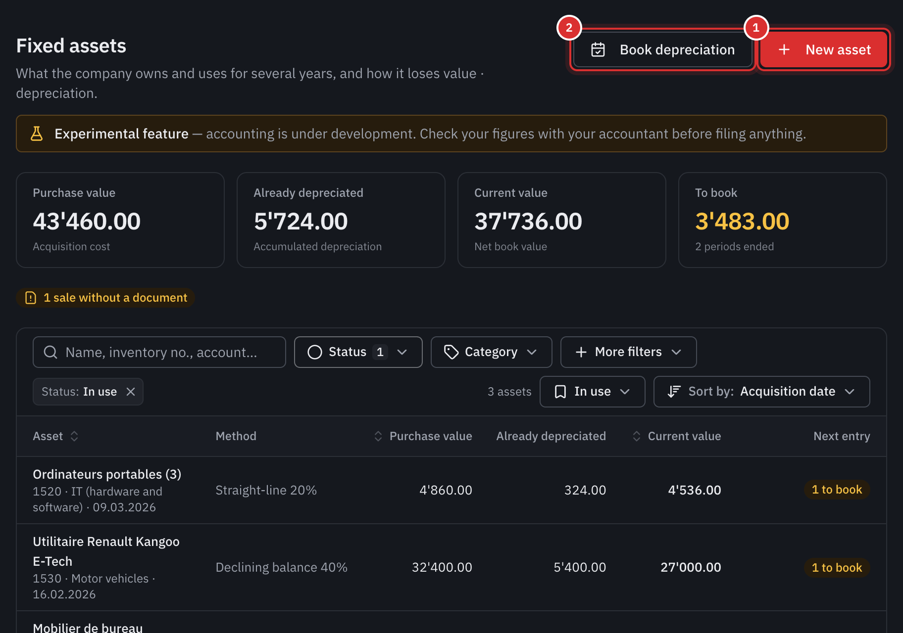 The fixed asset register: the four figures, the search and filter bar, and three assets in use.
