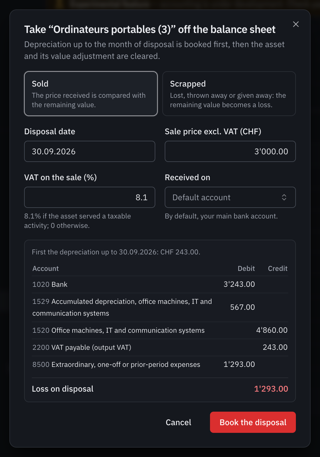 The disposal window for computers sold for CHF 3’000 excl. VAT: the depreciation up to the disposal, the entry proposed and the loss on disposal.