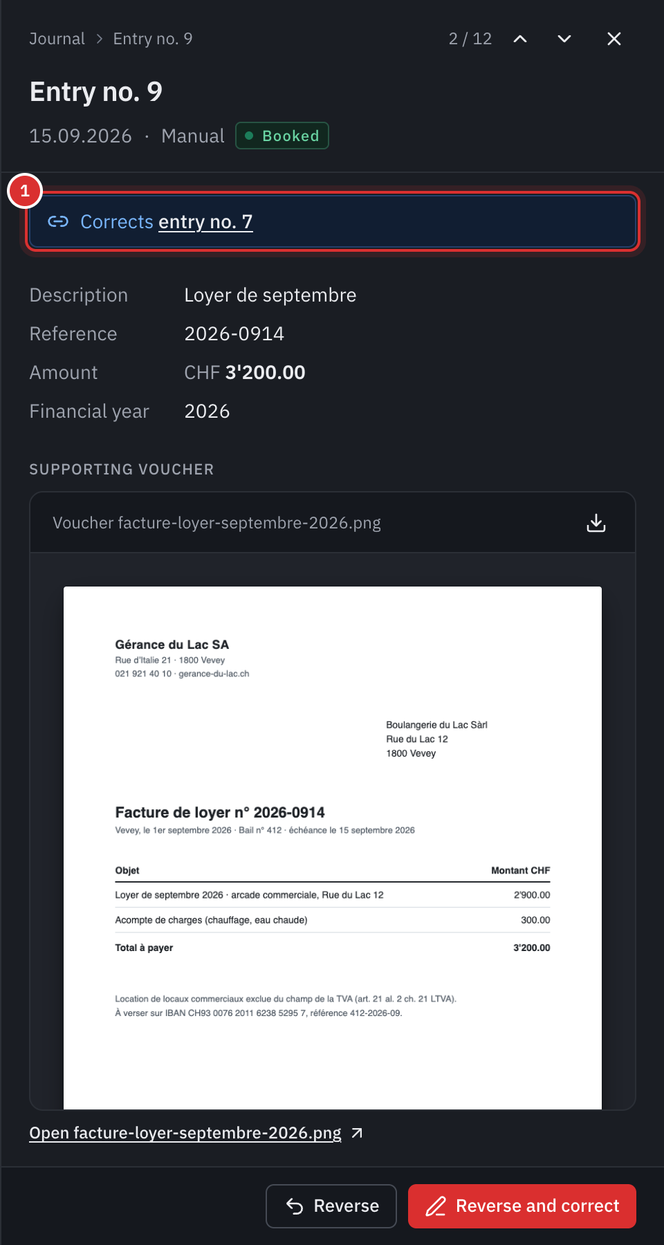 The correction’s panel: the link Corrects entry no. 7 and the rent invoice attached as supporting voucher.
