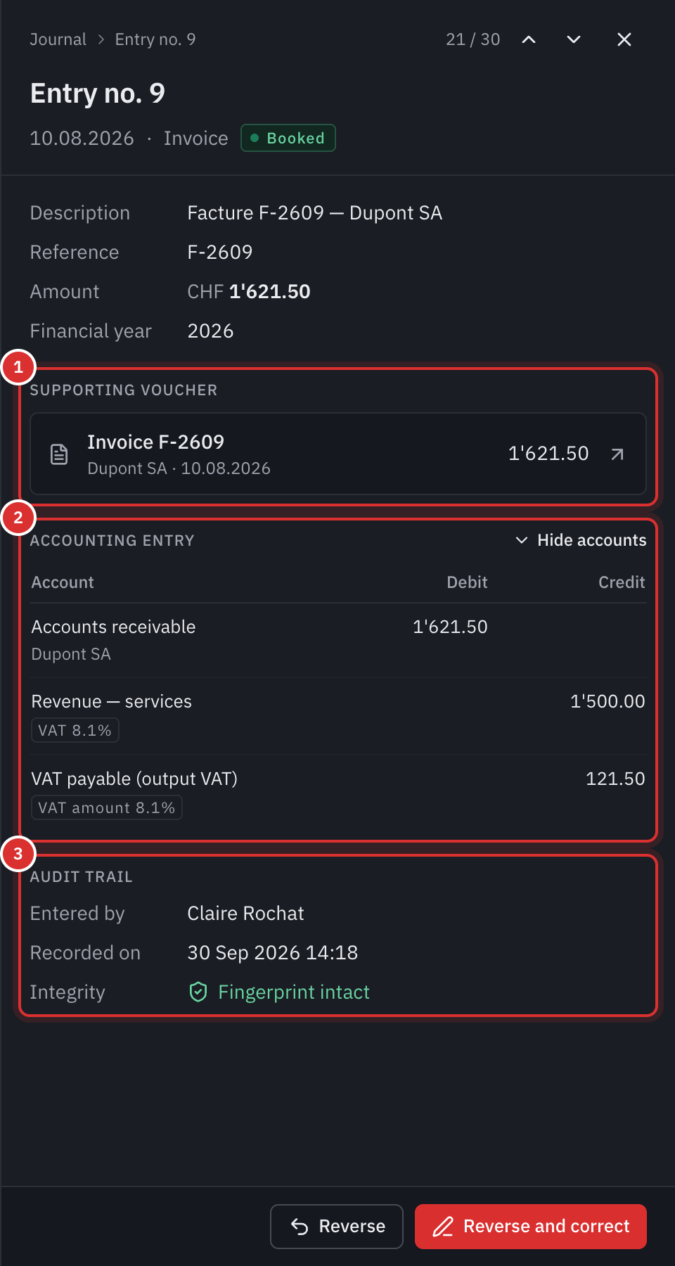 The panel of an entry: the invoice that supports it, its debit and credit lines, and its intact fingerprint.