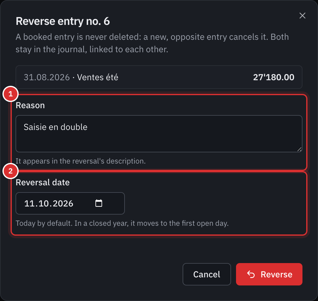 The Reverse entry no. 6 window: the reason Entered twice and the reversal date.