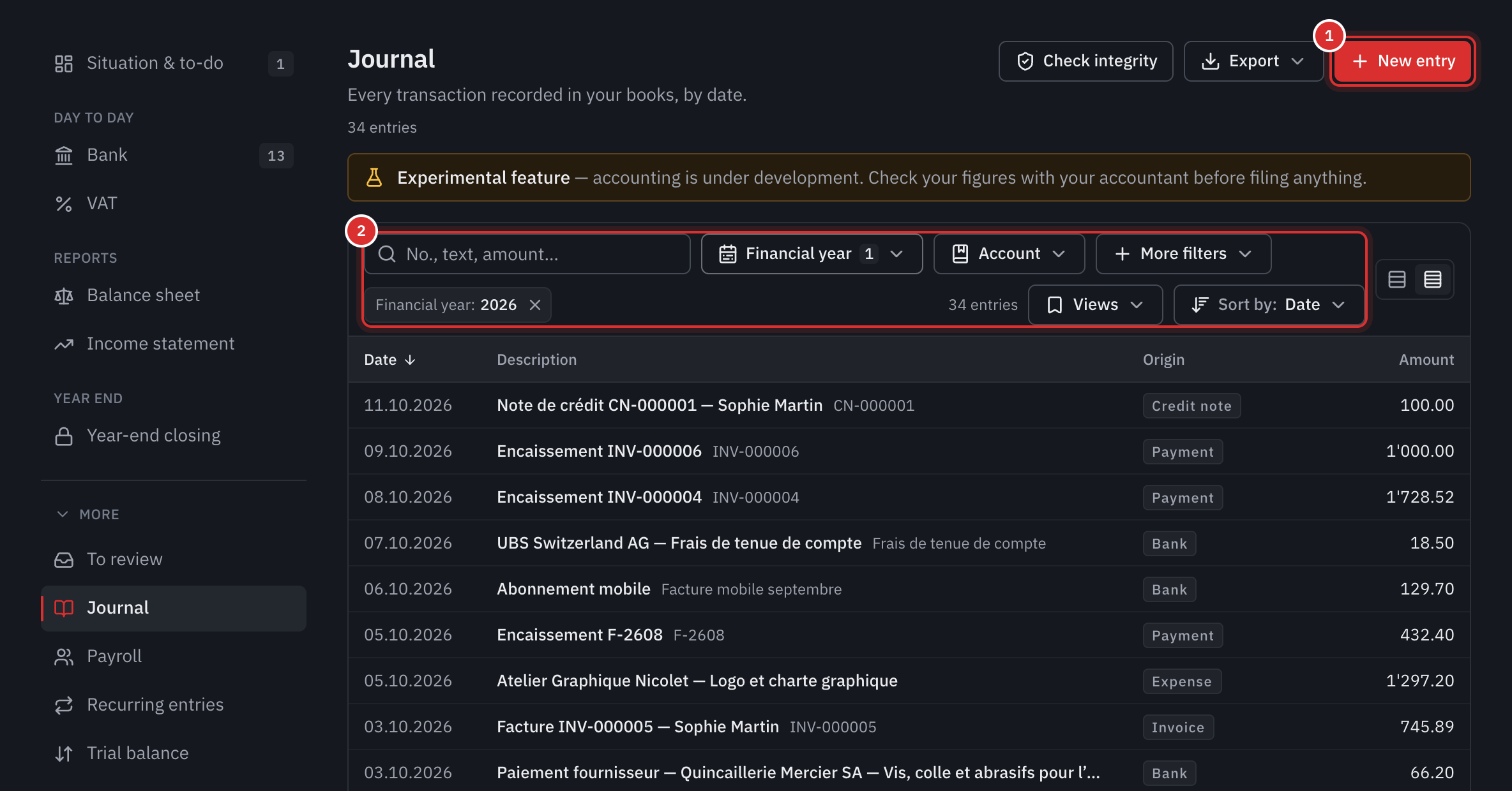 The journal: the New entry button, the search and filter bar, then the entries with their origin and amount.
