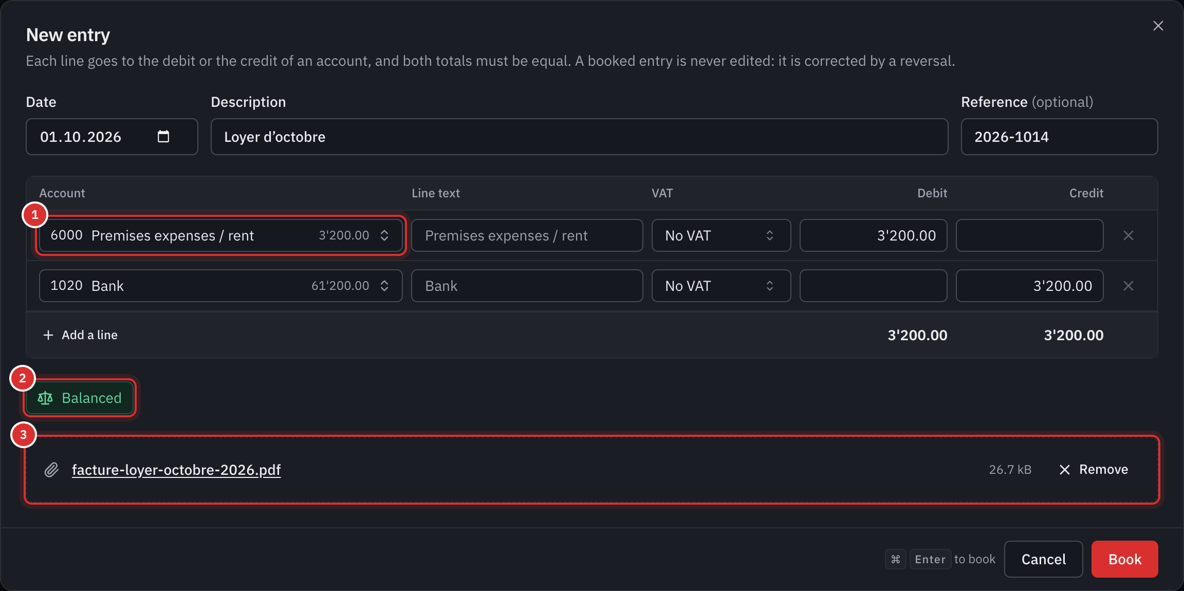 The New entry window: rent of CHF 3’200 debited to account 6000 and credited to bank 1020, balanced, with its invoice attached.