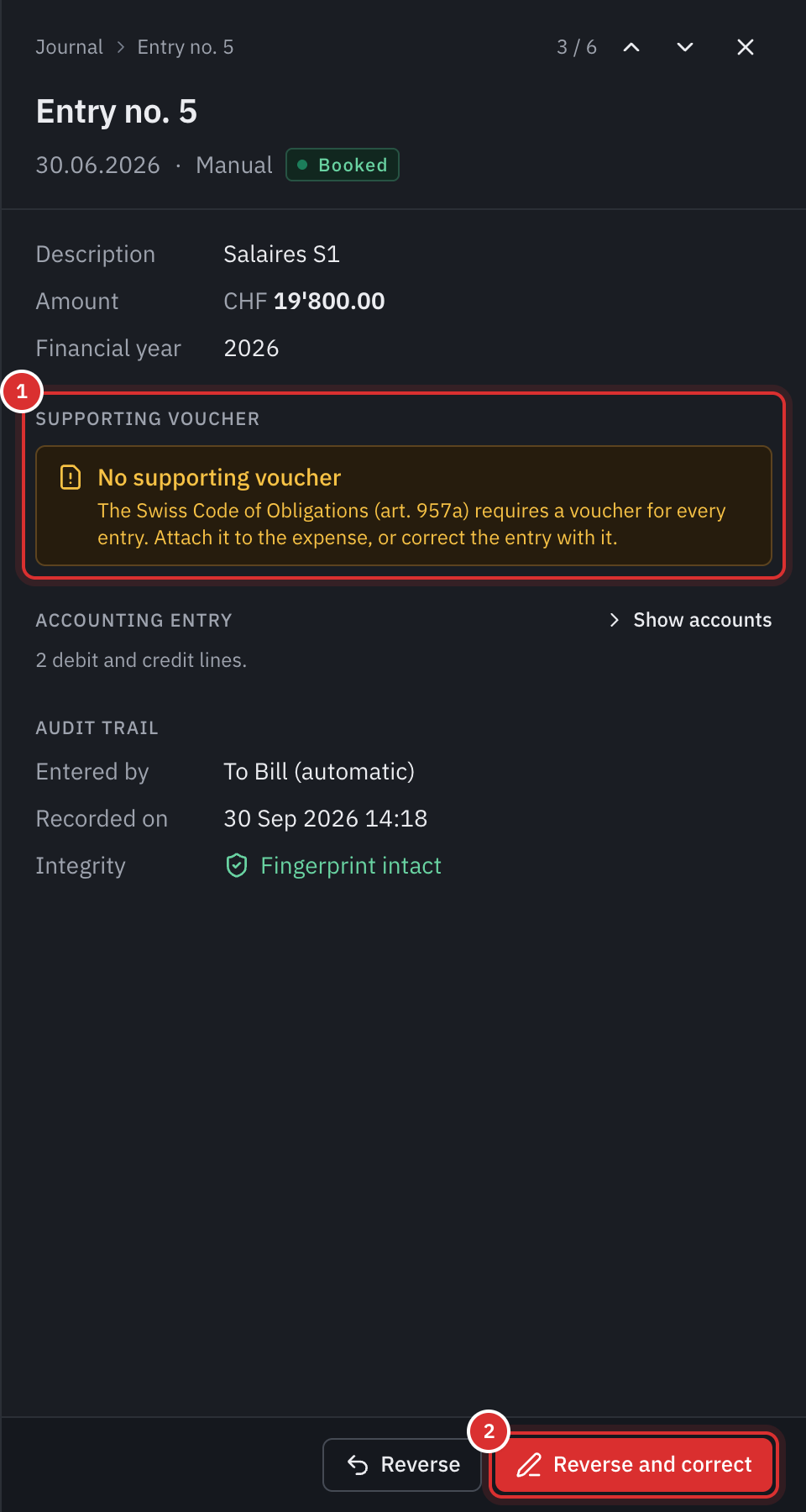 A manual entry without a voucher: the panel shows No supporting voucher and the Reverse and correct button.