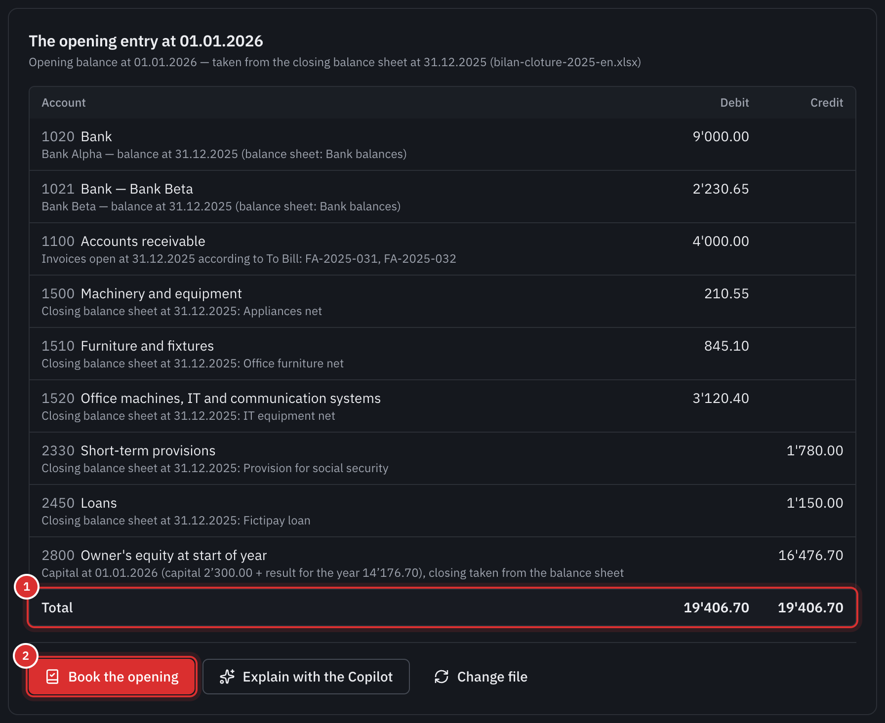 The opening entry at 01.01.2026: the banks, the receivables, the fixed assets, the provision, the loan and the capital, the balanced total, and the Book the opening button.