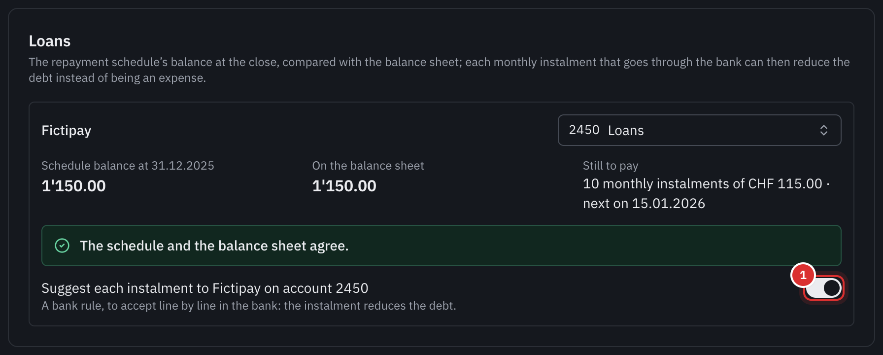 The Loans section: the balance of the repayment schedule and the balance sheet’s, which match, the ten instalments still to pay and the bank rule proposed.